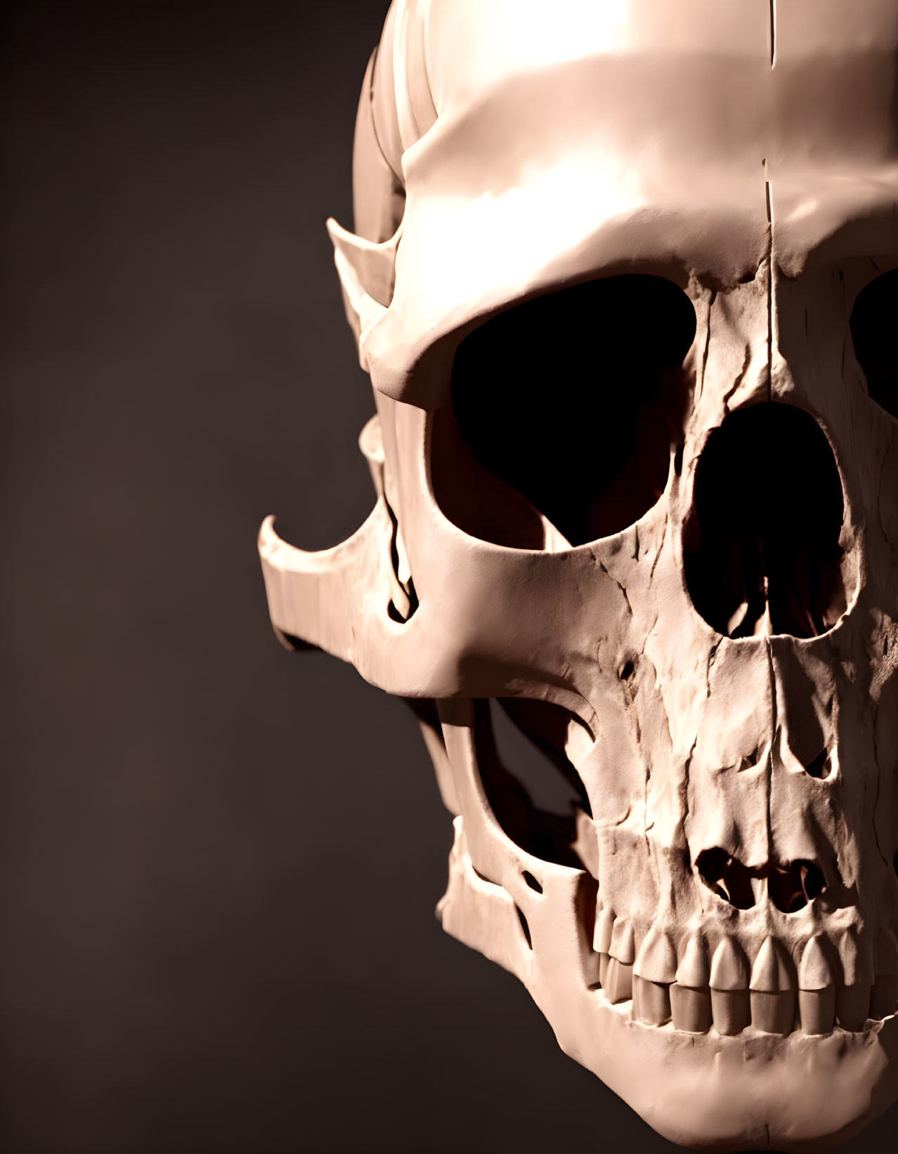 Detailed close-up of human skull with dramatic lighting on dark background