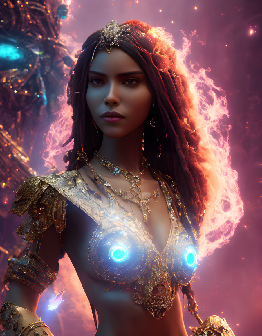 Digital Artwork: Woman with Glowing Blue Eyes in Golden Armor against Mystical Fiery Background