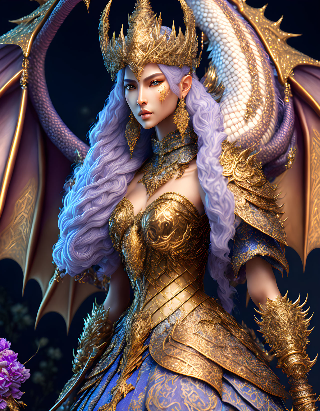 Regal Female Figure in Purple Hair & Dragon-Themed Armor