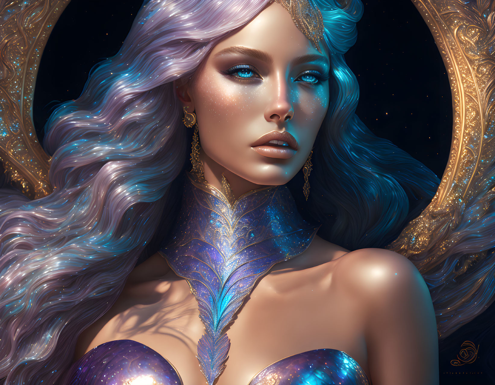 Violet-haired woman with cosmic body paint in golden circle on starry background