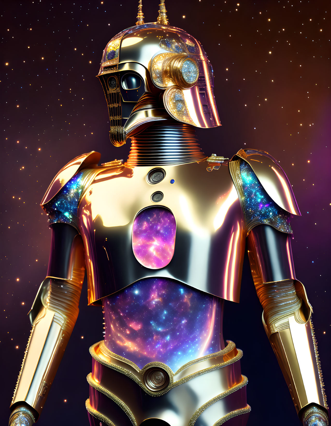 Detailed Robot with Glossy, Reflective Surface and Cosmic Star Pattern