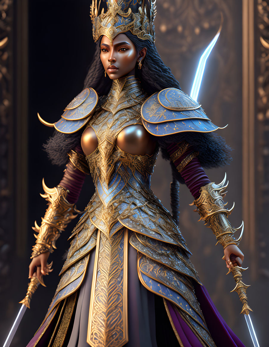 Female warrior in golden armor wields lightning sword and dagger