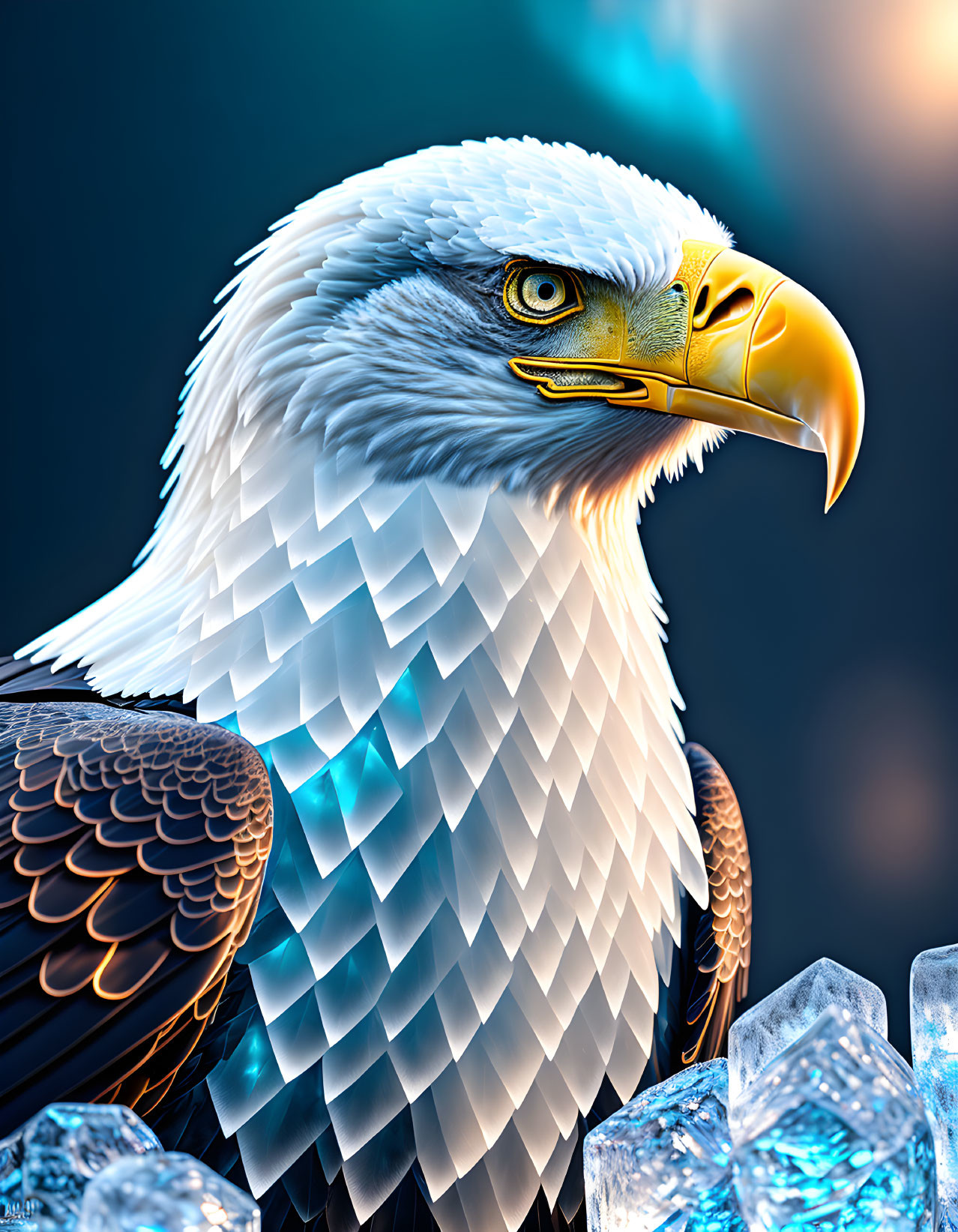 Majestic bald eagle with sharp gaze in soft blue glow