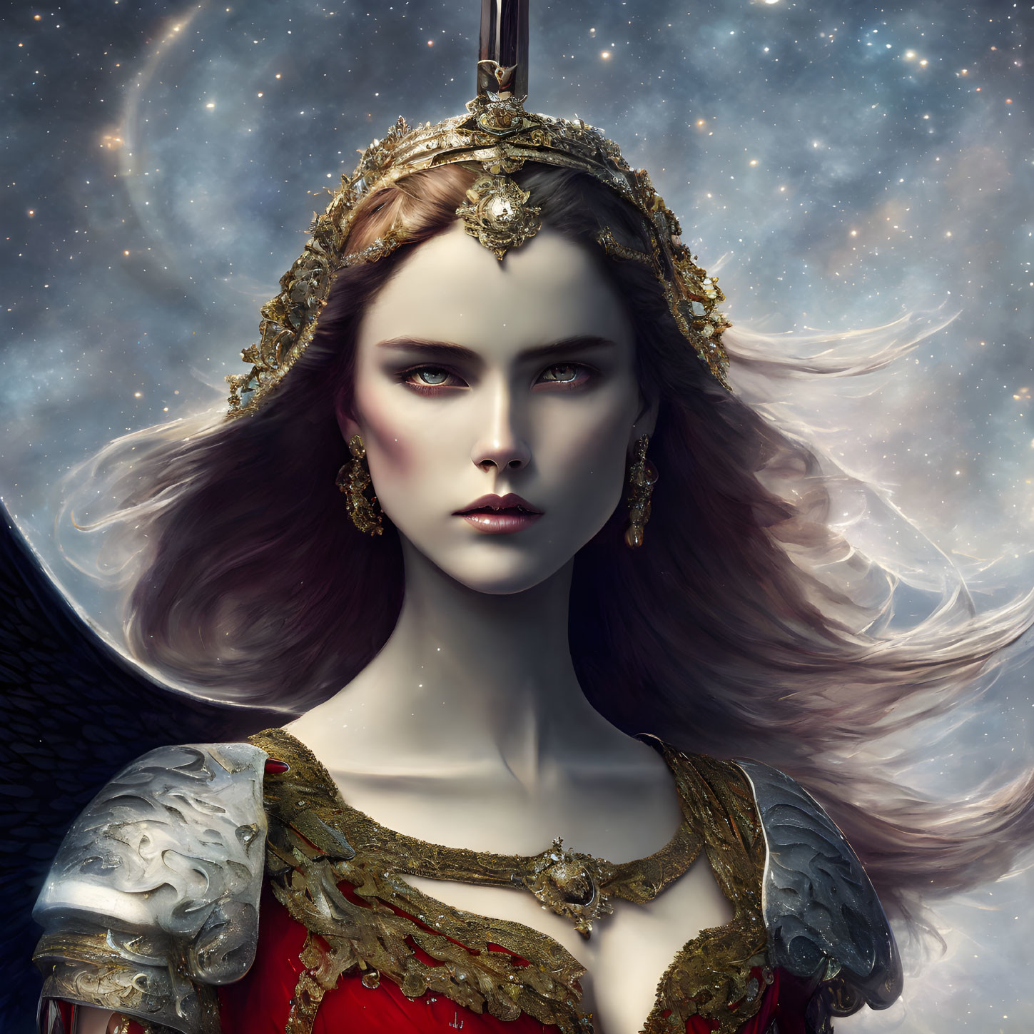 Regal woman in ornate armor and jewelry with intense eyes against celestial backdrop