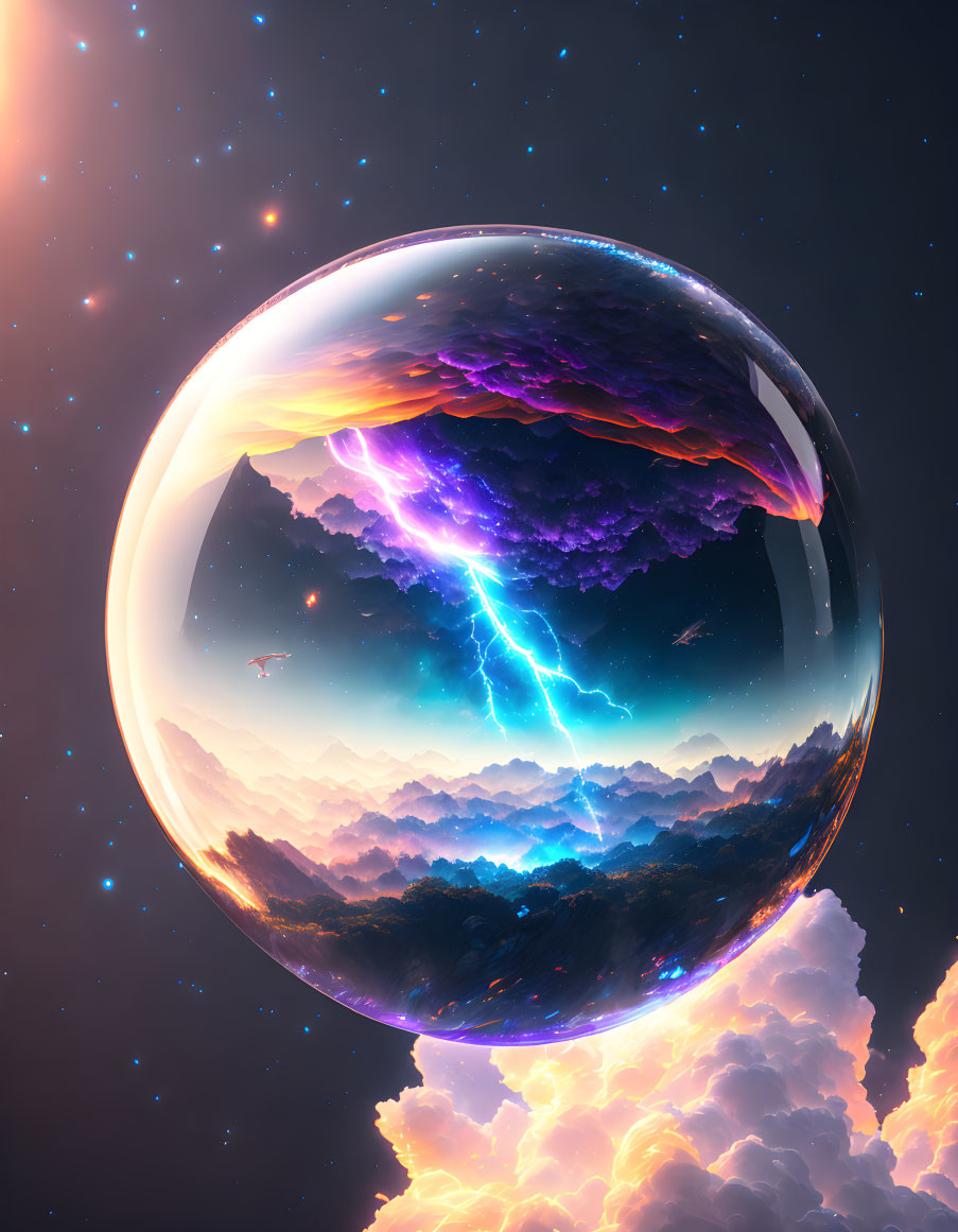 Fantastical bubble with mountain landscape and lightning bolt in starry sky