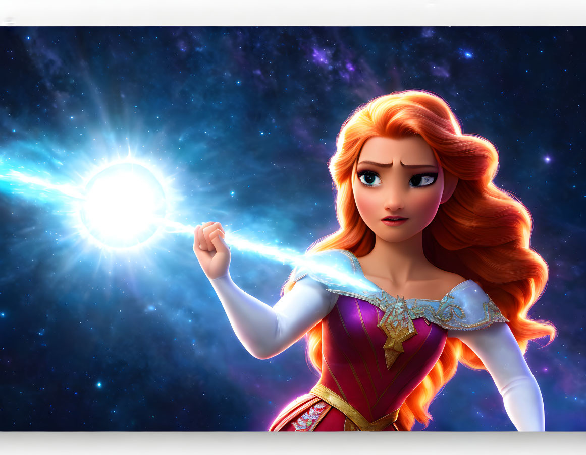 Red-haired animated character in purple dress reaching bright magical light on cosmic backdrop