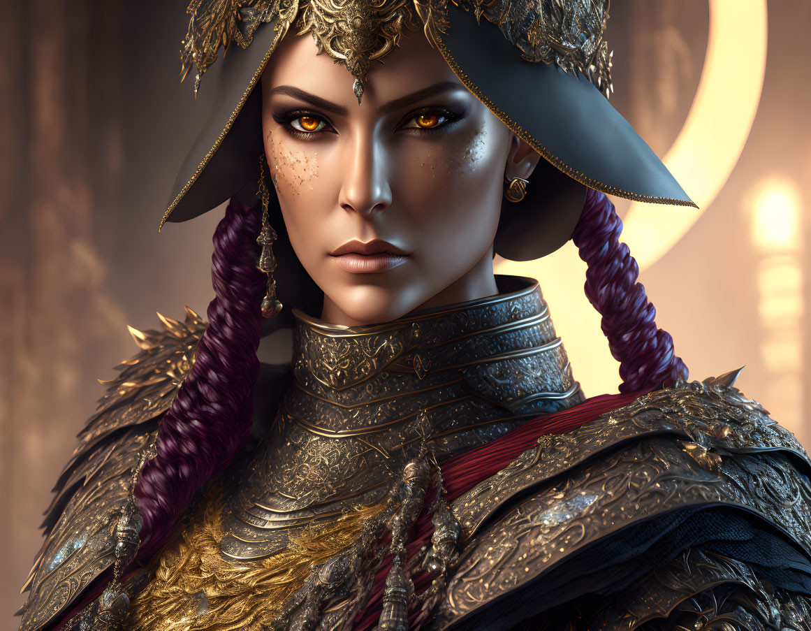 Digital art portrait of regal woman in golden armor with purple braids and decorated hat on golden backdrop