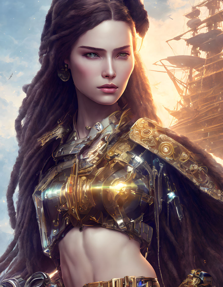 Digital artwork: Fair-skinned woman in golden mechanical armor with green eyes on sky ship backdrop