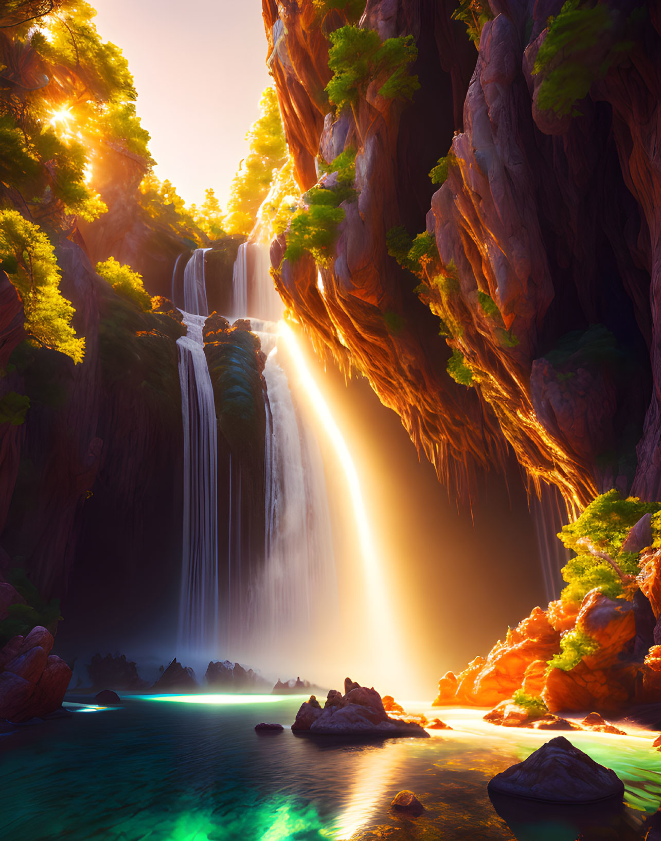 Majestic waterfall cascading into tranquil pool with sunlit cliffs