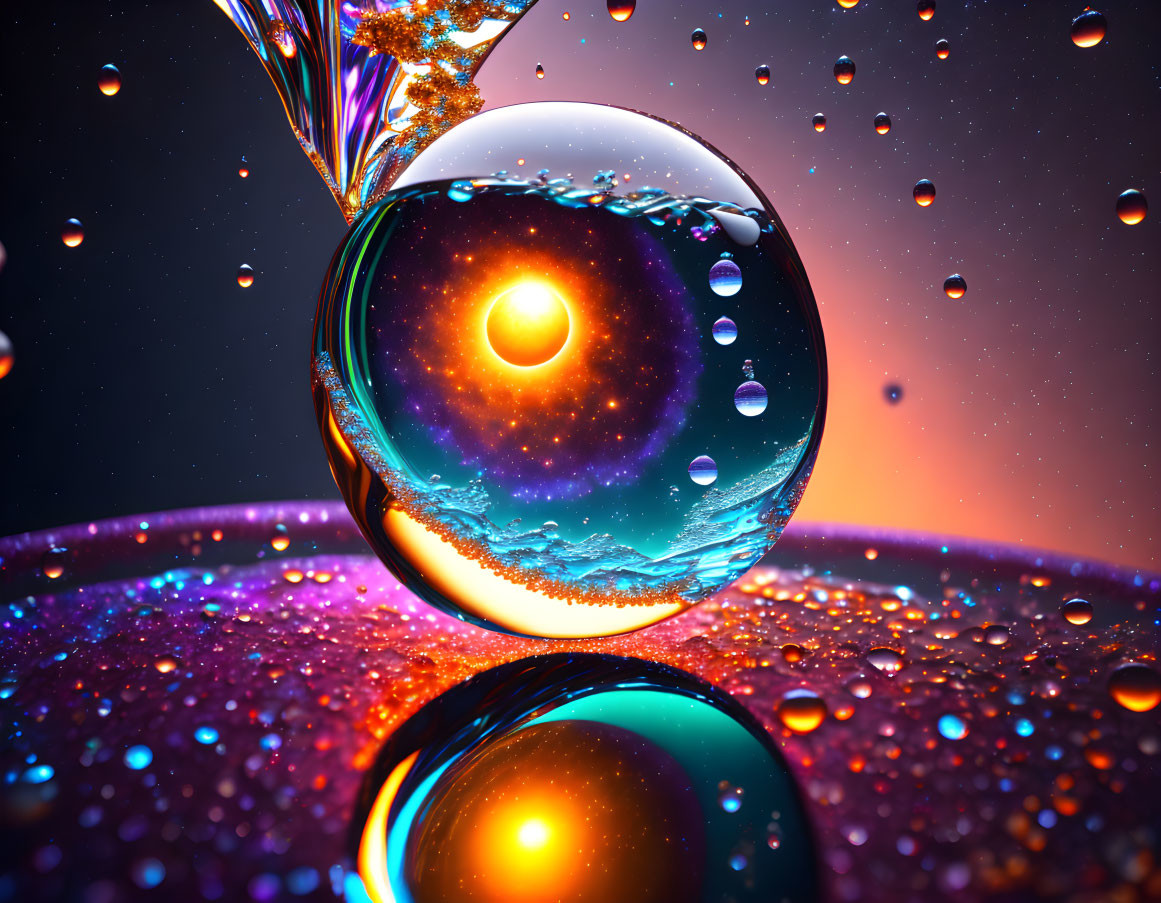 Colorful digital artwork: glossy sphere with sun and ocean scene on glittering backdrop