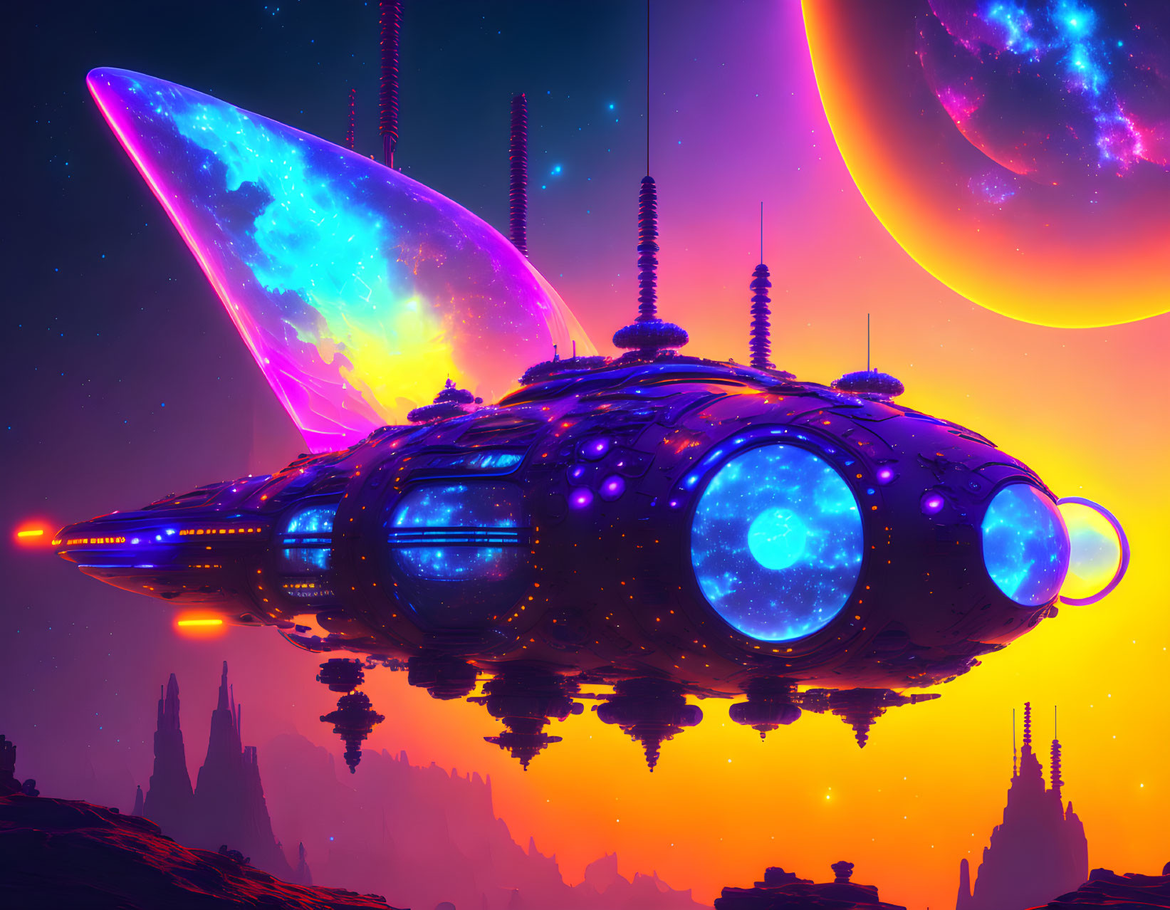 Colorful futuristic spaceship with butterfly wings flying over alien landscape and starry sky.