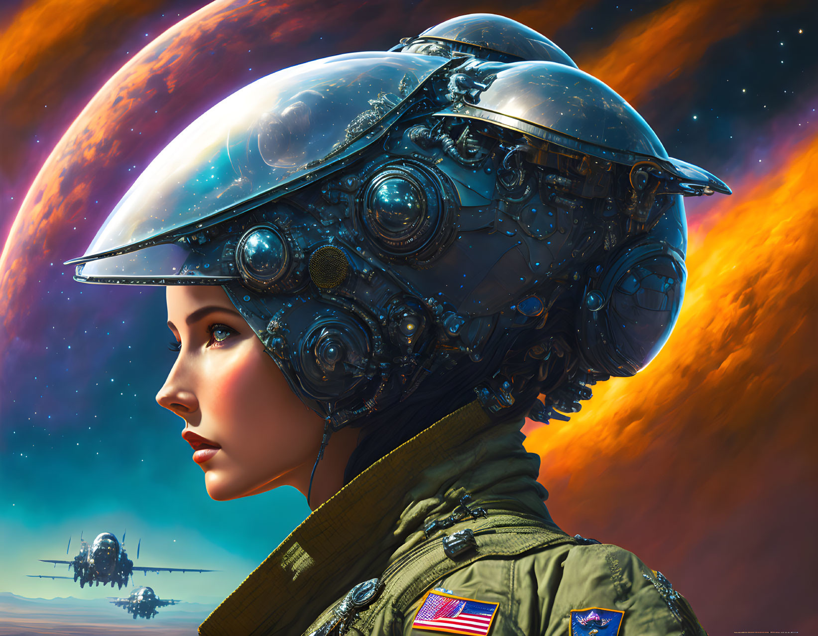 Detailed futuristic female astronaut in helmet against fiery planet and spacecraft.