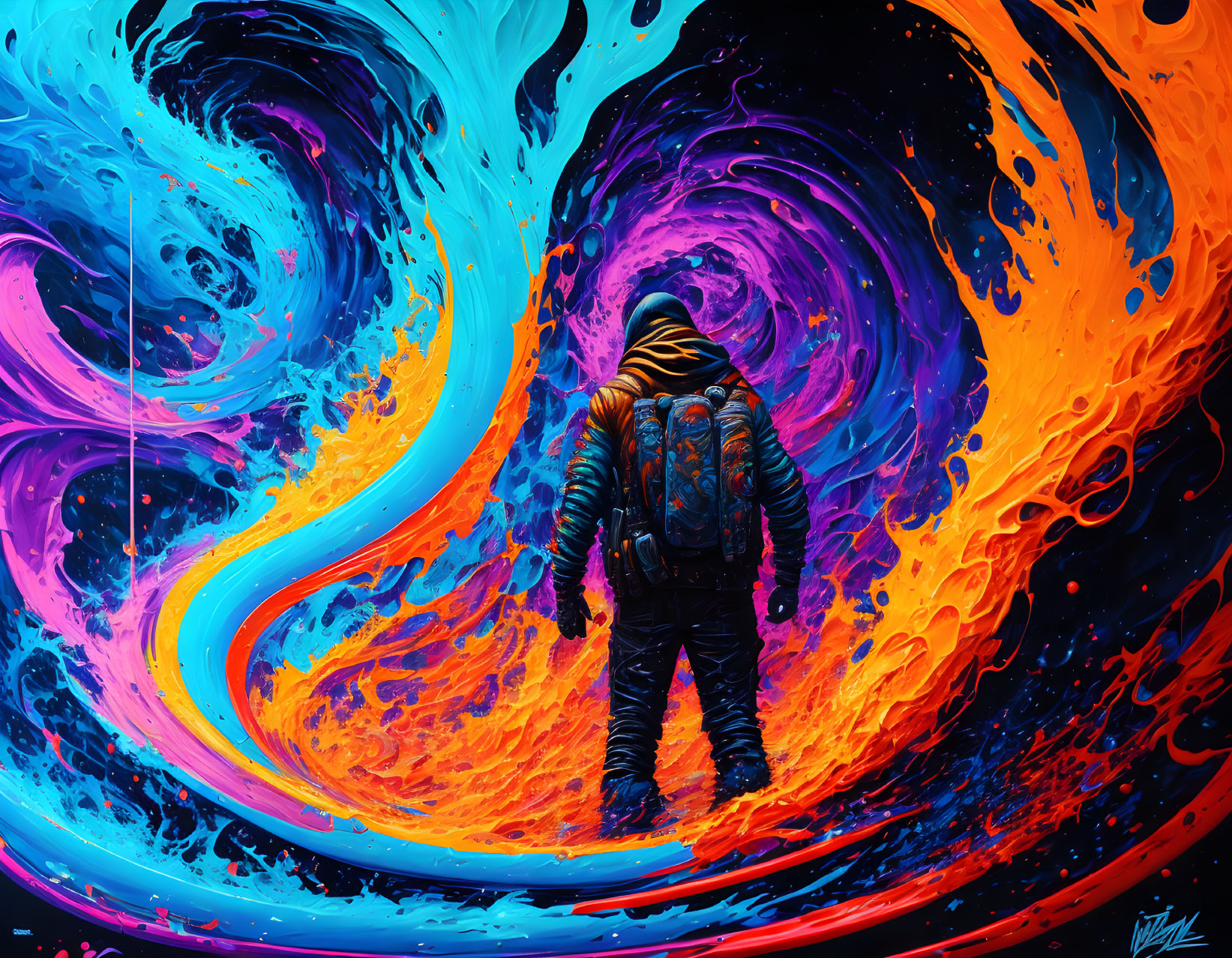 Cosmic exploration scene with person in spacesuit and swirling vortex