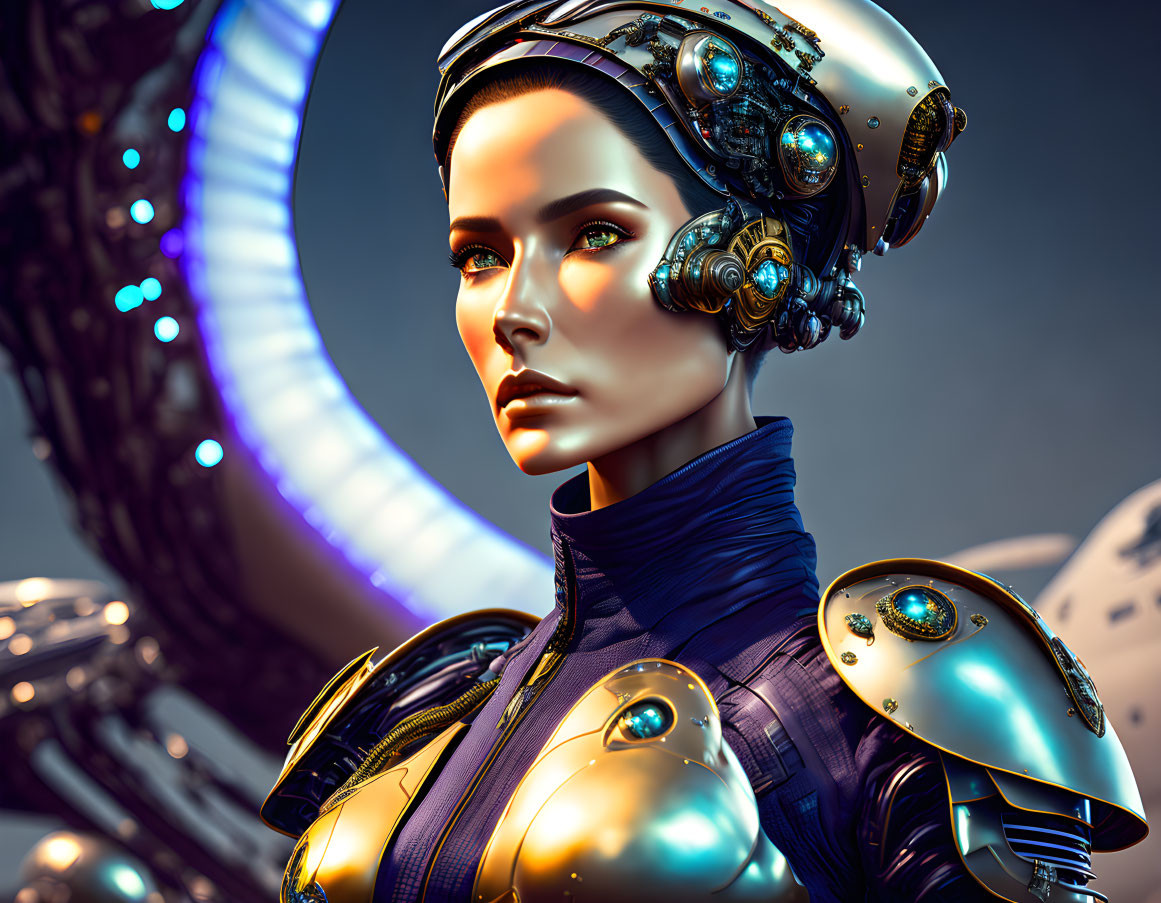 Detailed futuristic female cyborg against technological backdrop