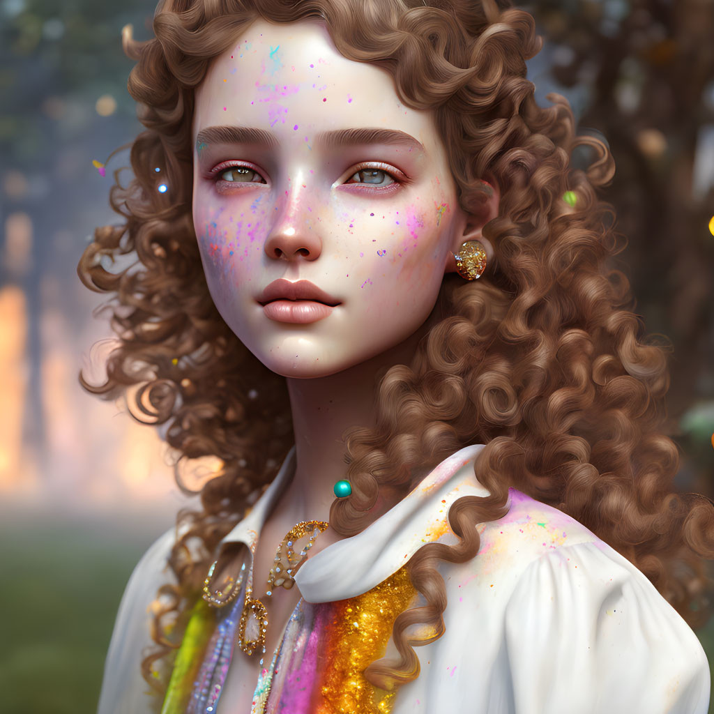 Colorful digital portrait of young woman with curly hair and glitter makeup in detailed white blouse against forest backdrop