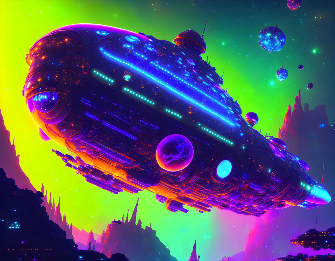 Futuristic sci-fi artwork: Glowing spaceship over alien planet