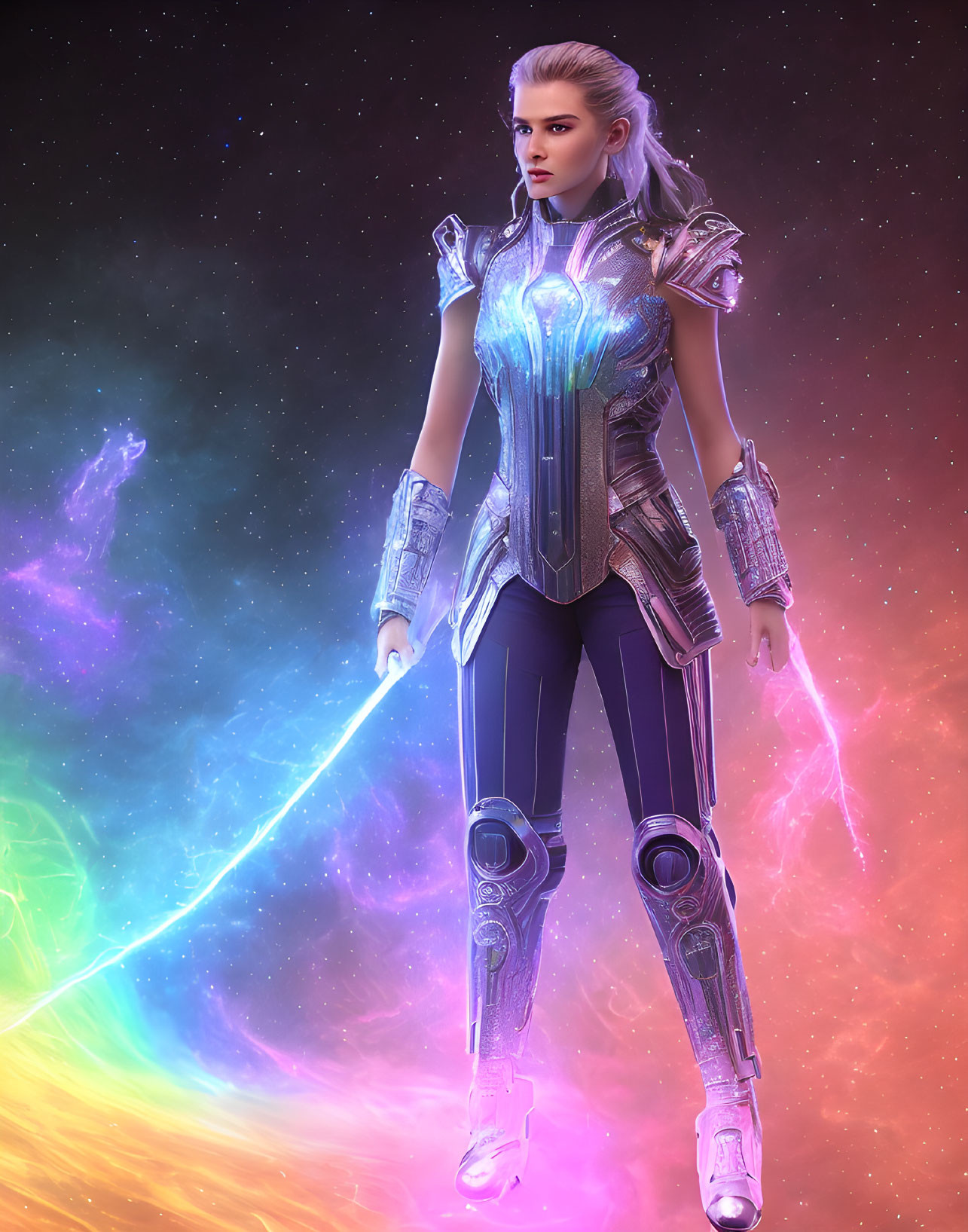 Futuristic female warrior in glowing armor with blue energy weapon