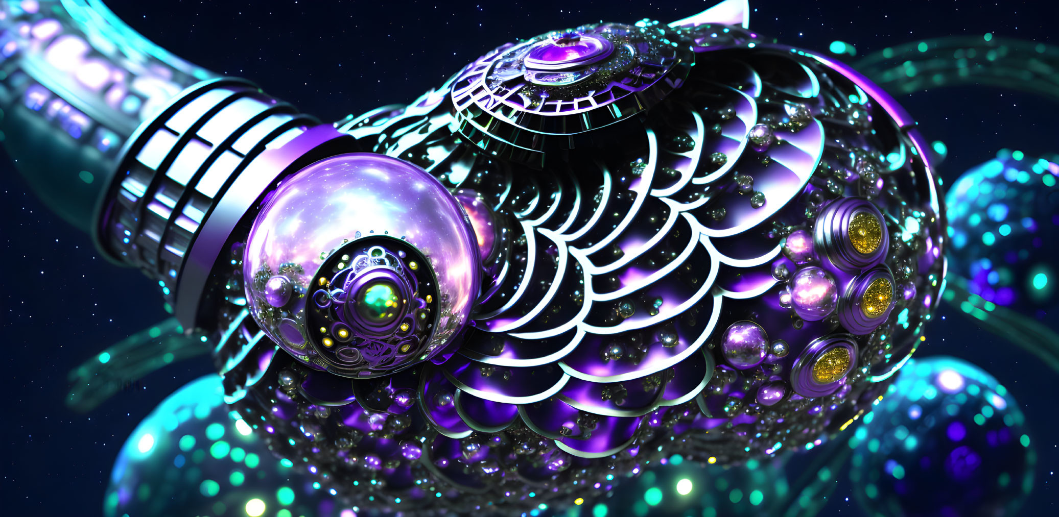 Colorful Futuristic Fractal Artwork with Spherical and Spiral Metallic Elements