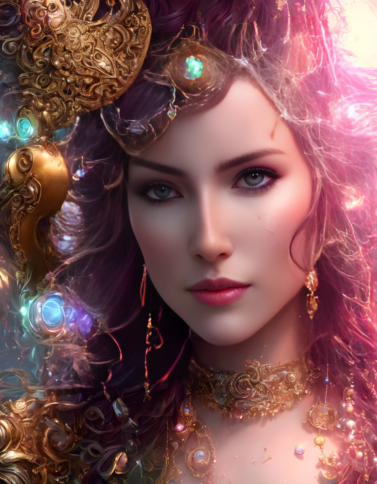 Fantasy portrait of a woman with intricate gold jewelry and glowing gemstones