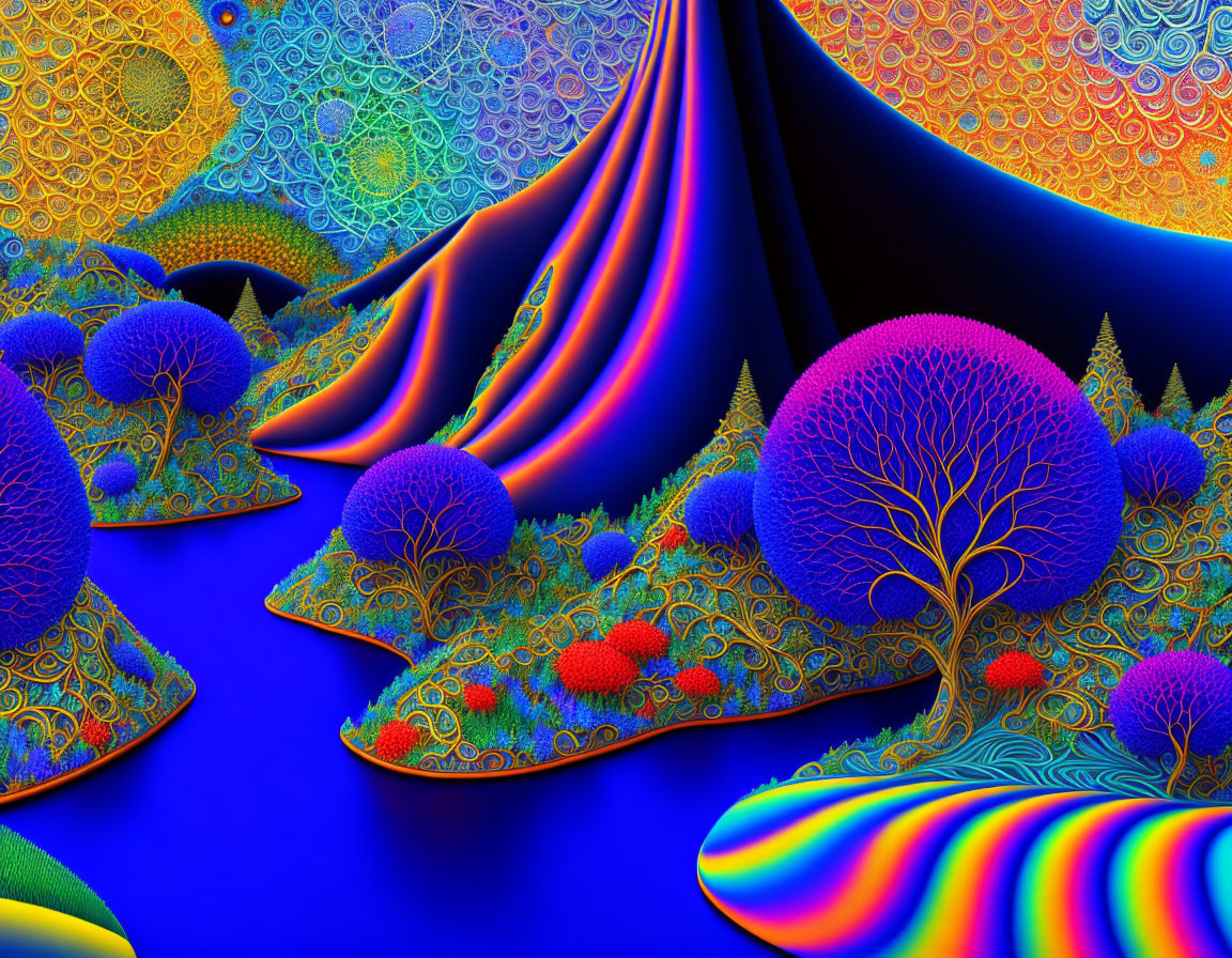 Colorful Fractal Landscape with Tree-like Structures on Blue Background