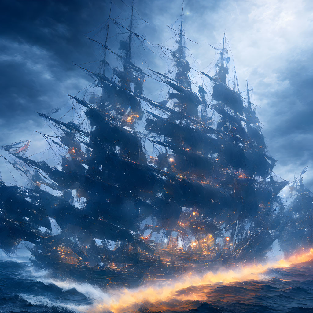 Ghostly sailing ships ablaze with blue fire on stormy seas