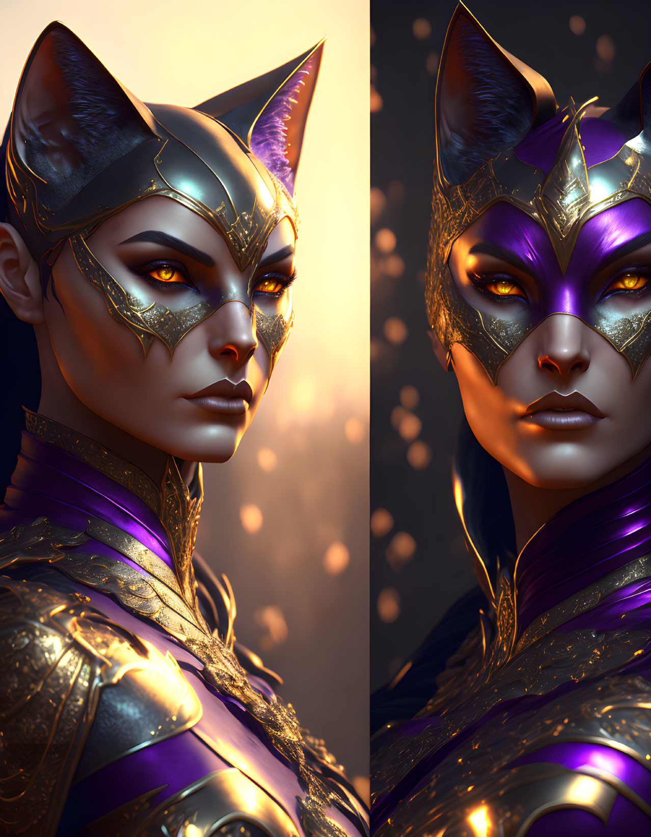 Person in Feline-Themed Gold Mask and Costume on Golden Background