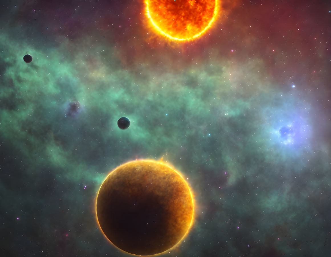 Glowing sun, planets, and nebula in vibrant space scene