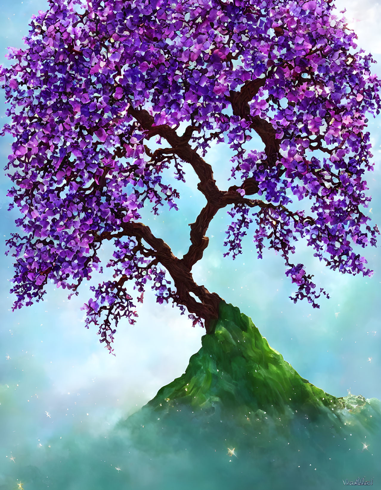 Colorful digital artwork: Blossoming tree on hill under cloudy sky