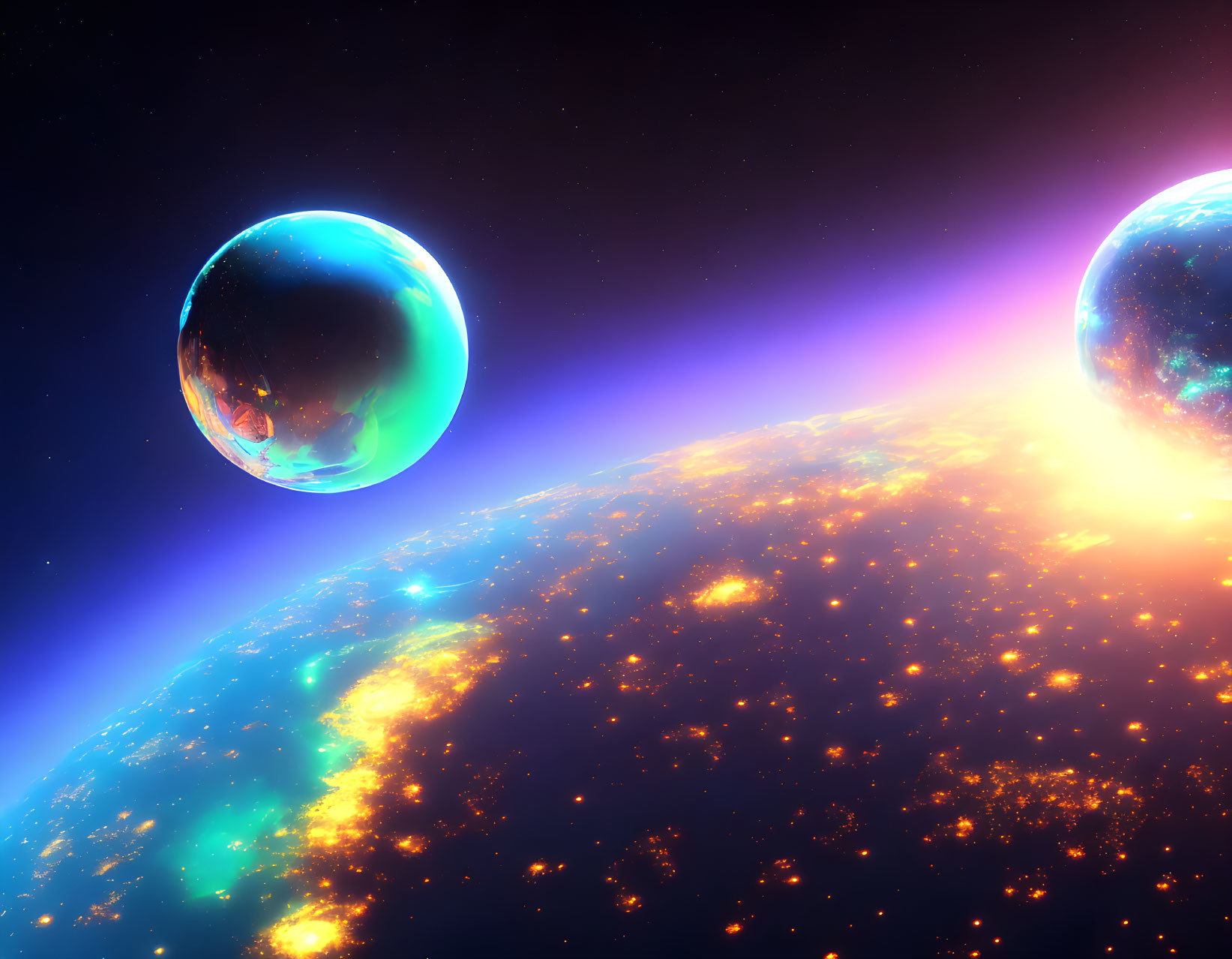 Translucent spheres near glowing planet in cosmic space