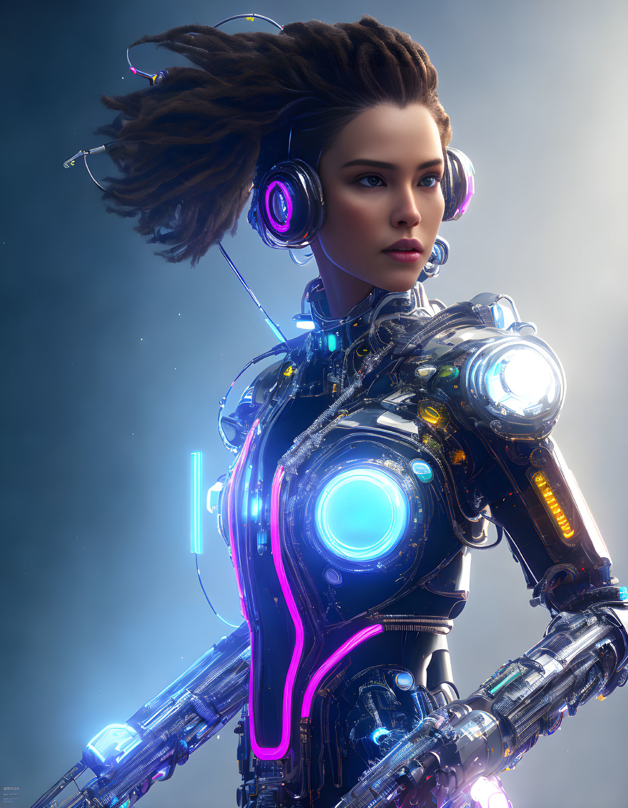 Futuristic female android with flowing hair and neon lights