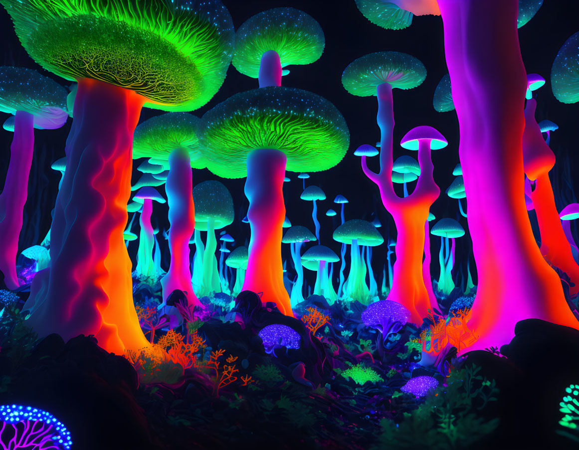 Neon-lit fantasy forest with luminescent mushroom trees