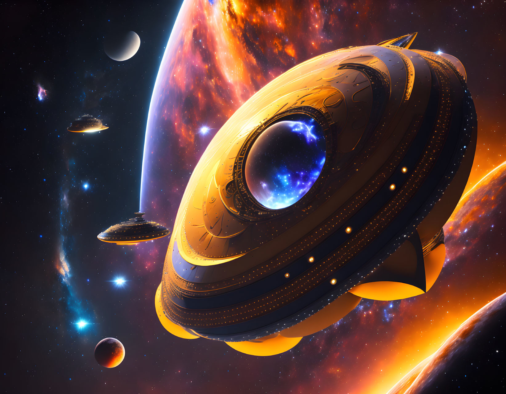 Ornate futuristic spaceship in cosmic nebula with planets and stars