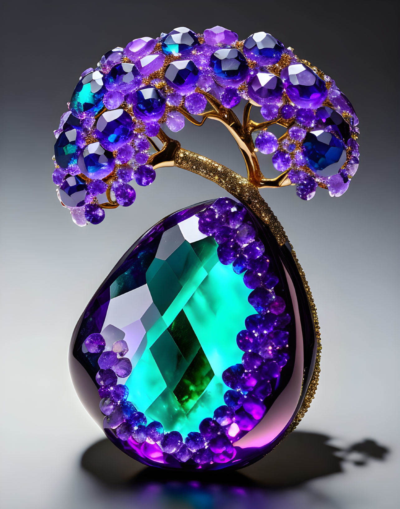 Teardrop-shaped green-blue gemstone brooch with purple clusters and gold accents