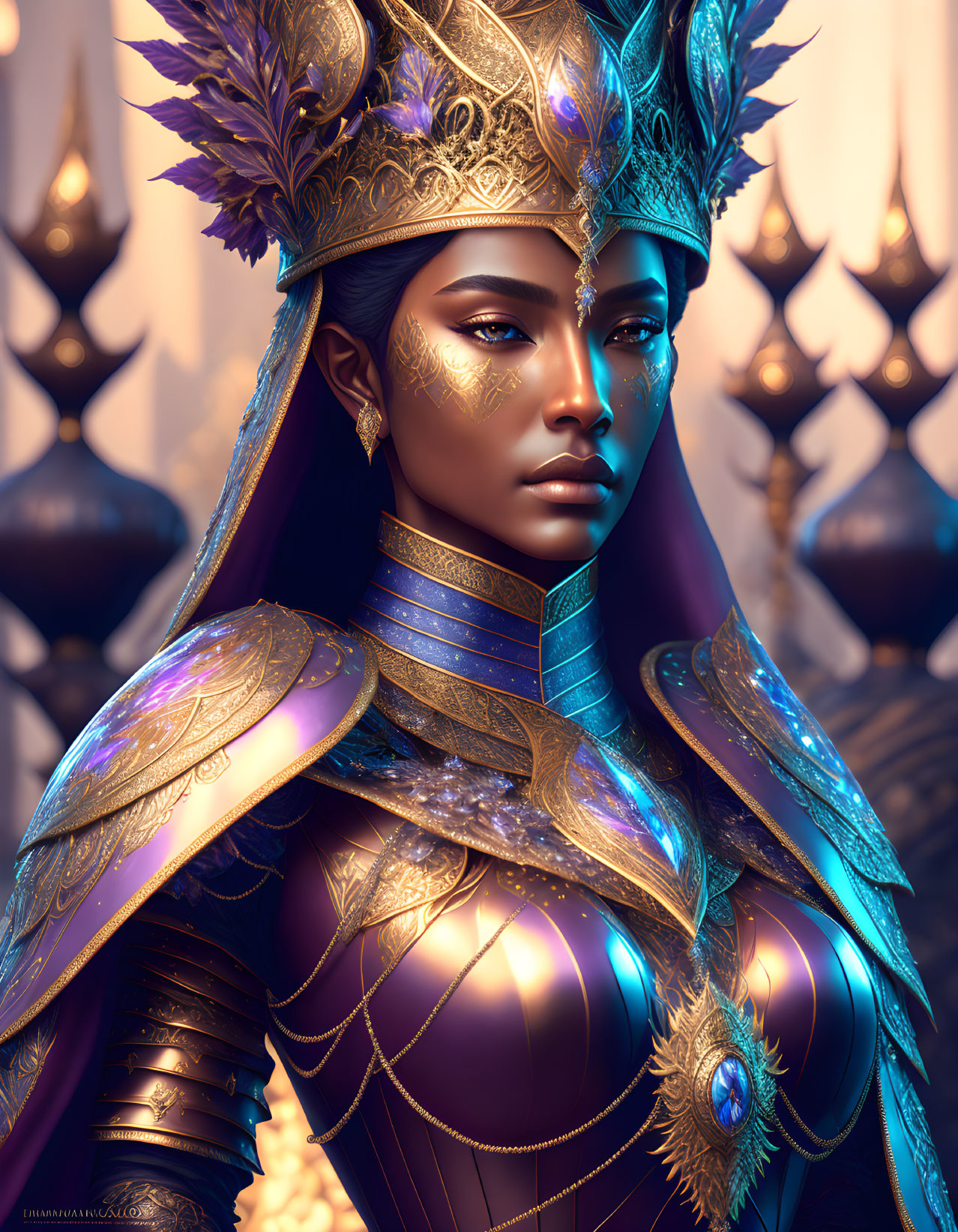 Regal figure in golden armor with blue accents and crown