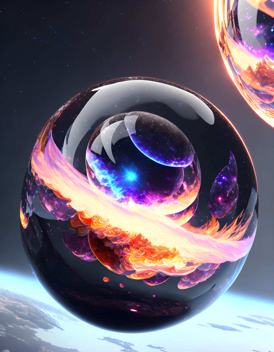 Surreal digital art: glossy orbs with cosmic and fiery elements above clouds