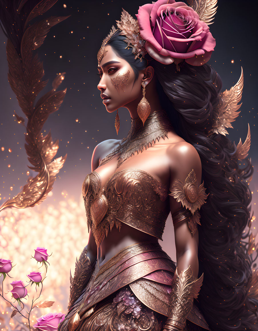 Fantasy character in ornate golden armor with rose headpiece, surrounded by pink flowers and golden feathers