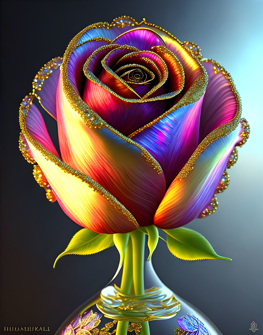 Multicolored spiral rose with gold accents on dark background