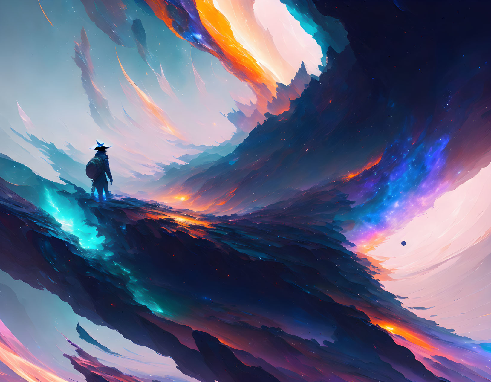 Solitary Figure on Vibrant Celestial Landscape with Swirling Hues