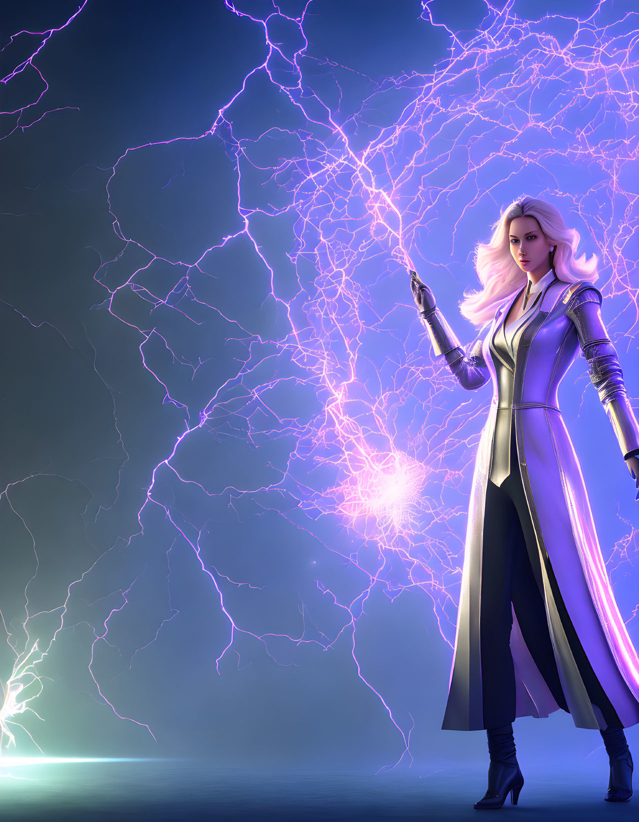 Fantasy setting: Woman casting lightning with crackling energy.