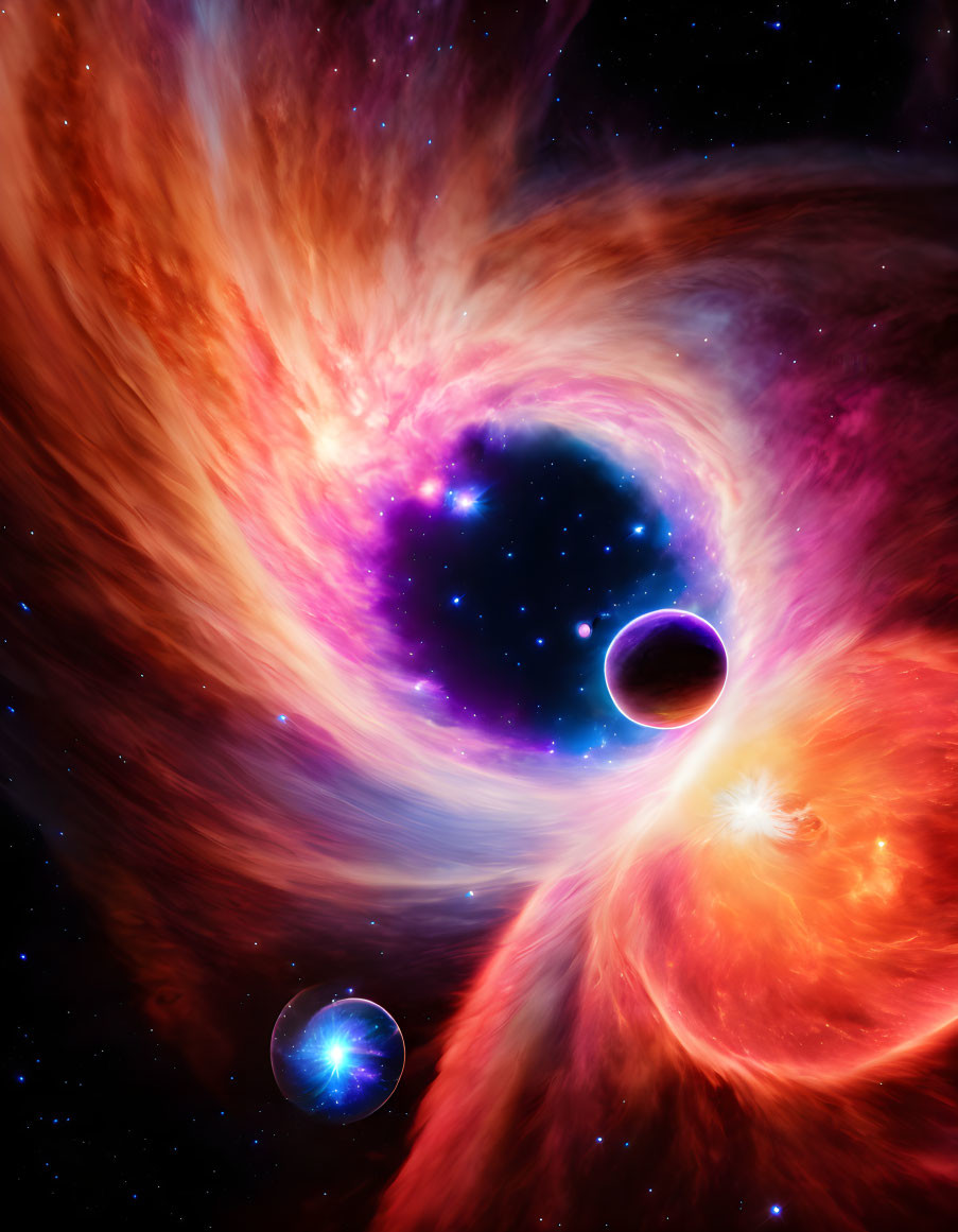 Colorful cosmic scene: black hole, planets, fiery star emitting gas.