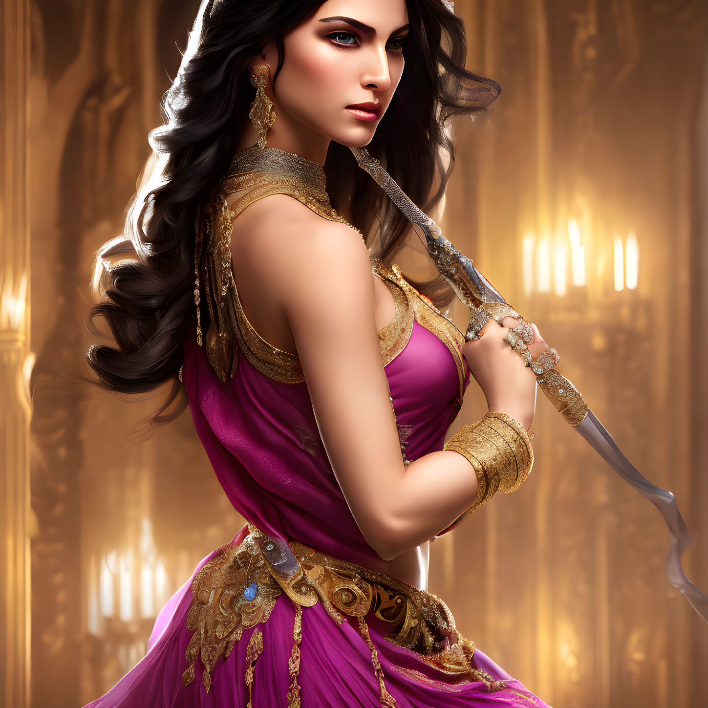 Digital artwork of woman with dark hair in purple and gold outfit with sword on ornate backdrop