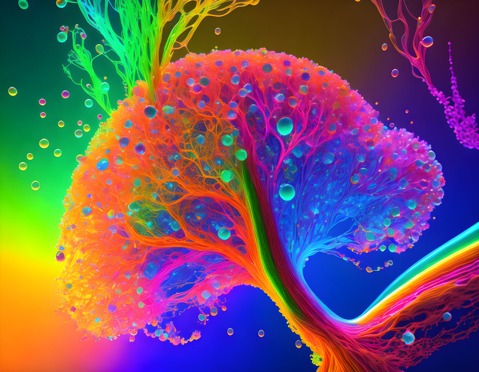 Colorful digital illustration: Tree-like structure with intricate branches and bubbles on gradient background