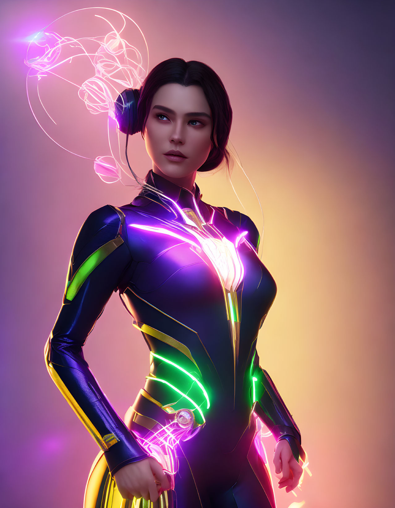 Futuristic woman in neon suit with glowing wires on gradient background