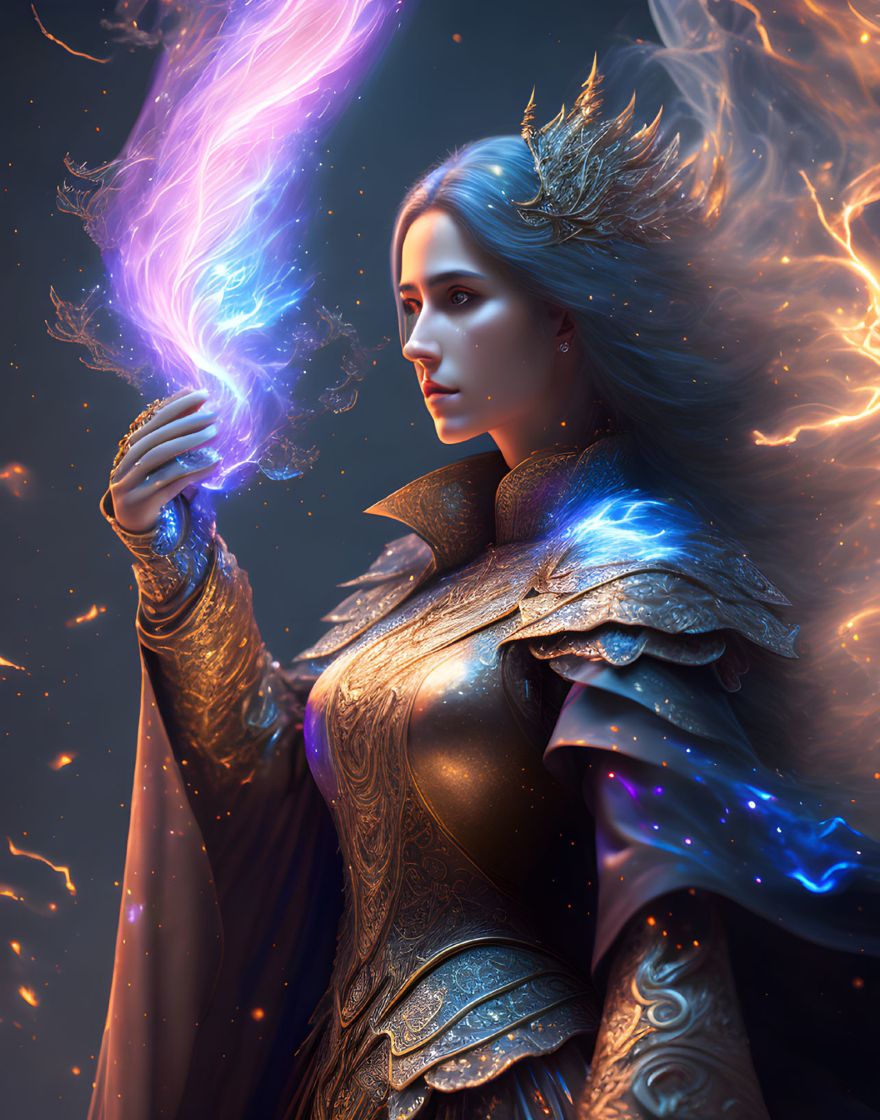 Digital Art: Woman with Flowing Hair, Blue Flame, and Glowing Armor