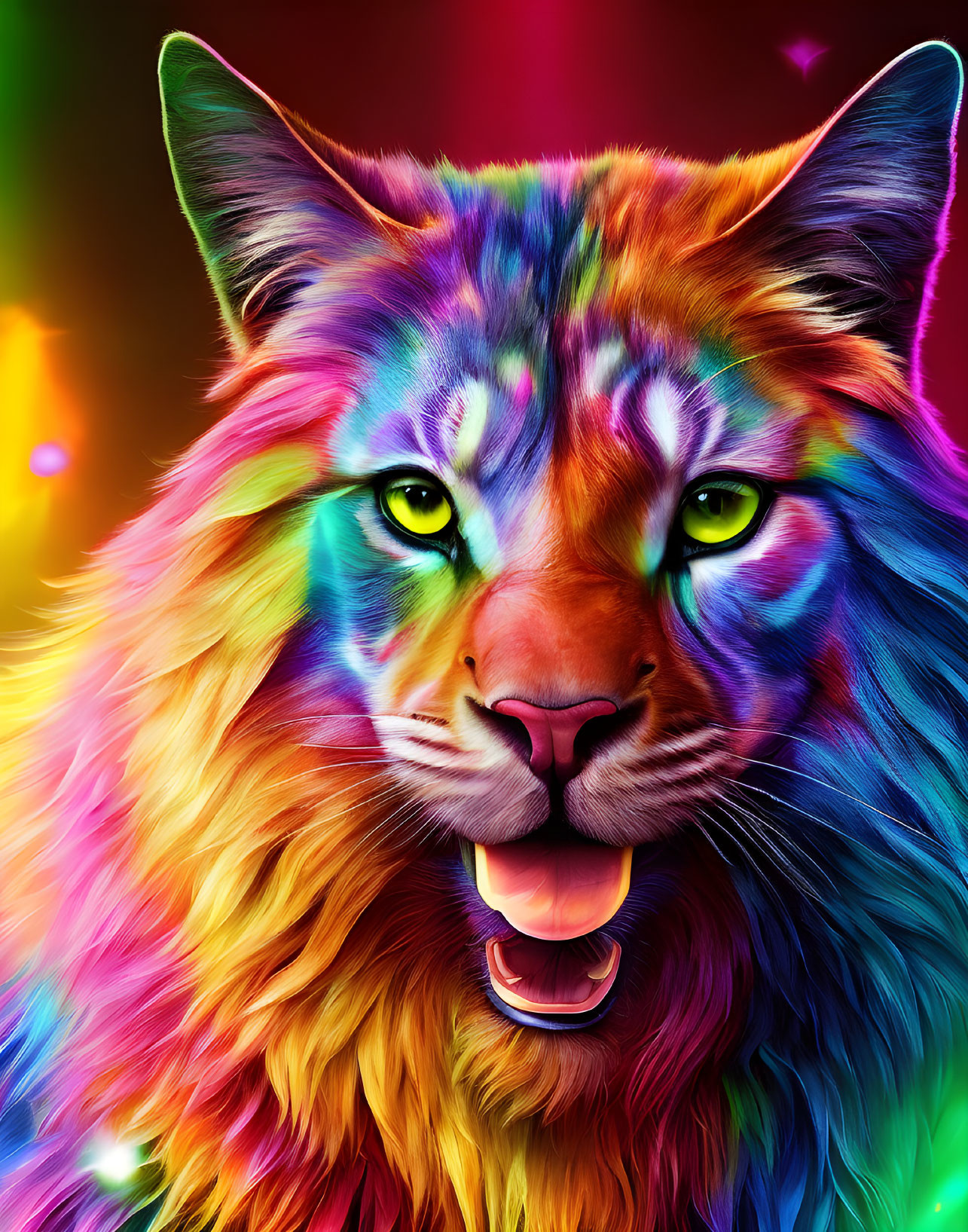 Colorful digital artwork: Rainbow tiger with expressive eyes