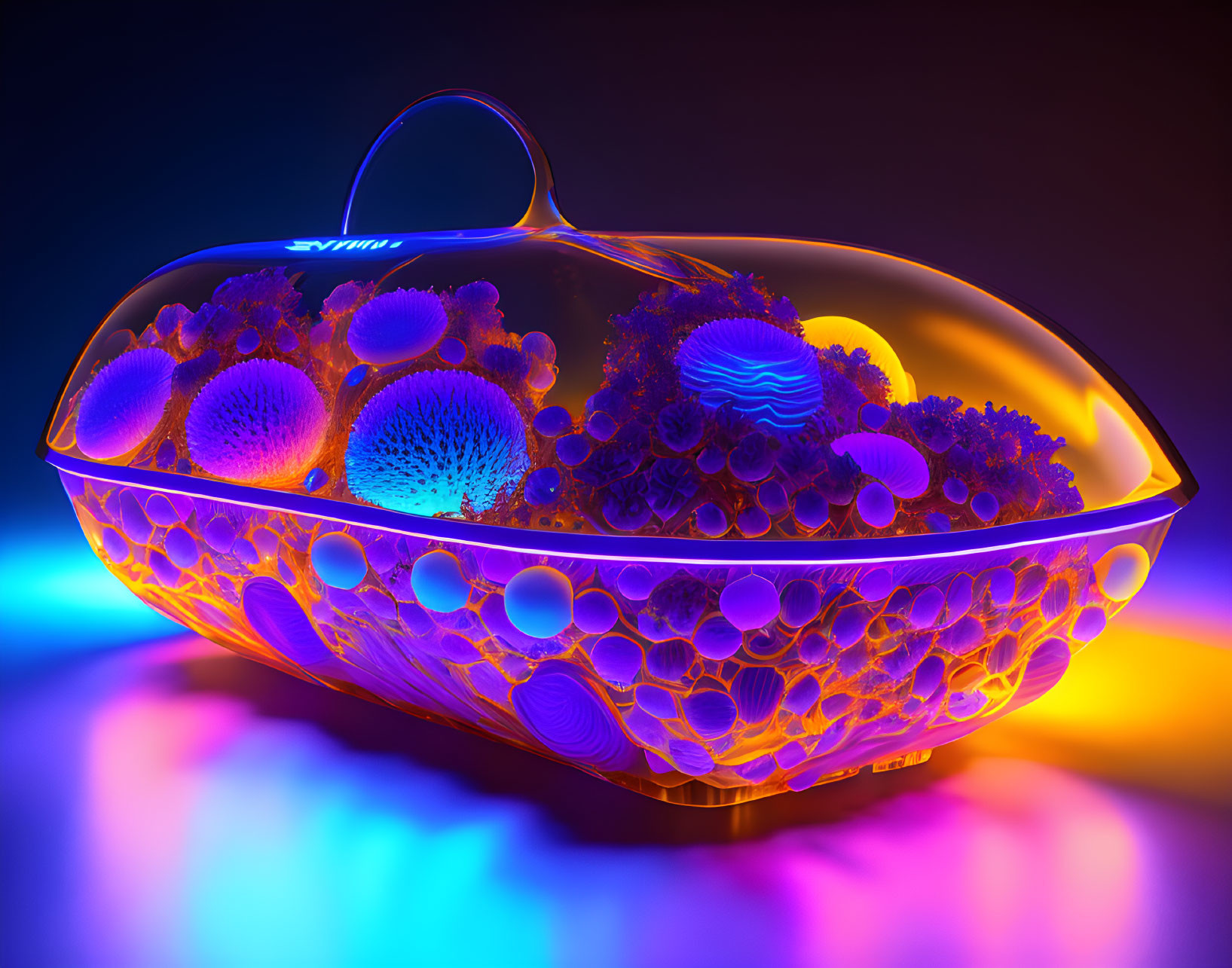 Futuristic 3D-rendered image of transparent vessel with coral-like structures illuminated by neon lights