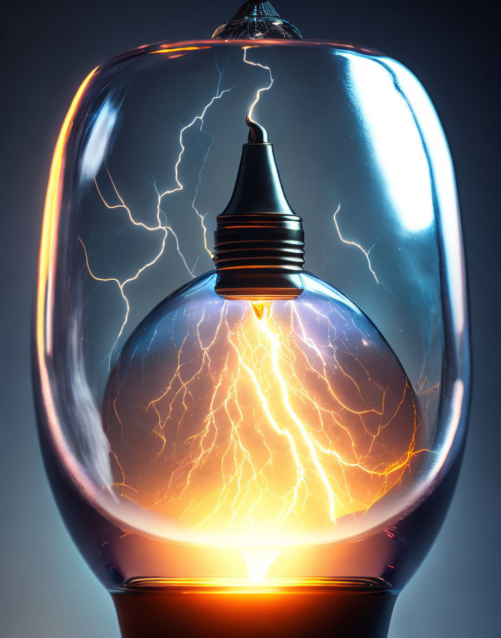 Intense electrical discharges in light bulb on dark background