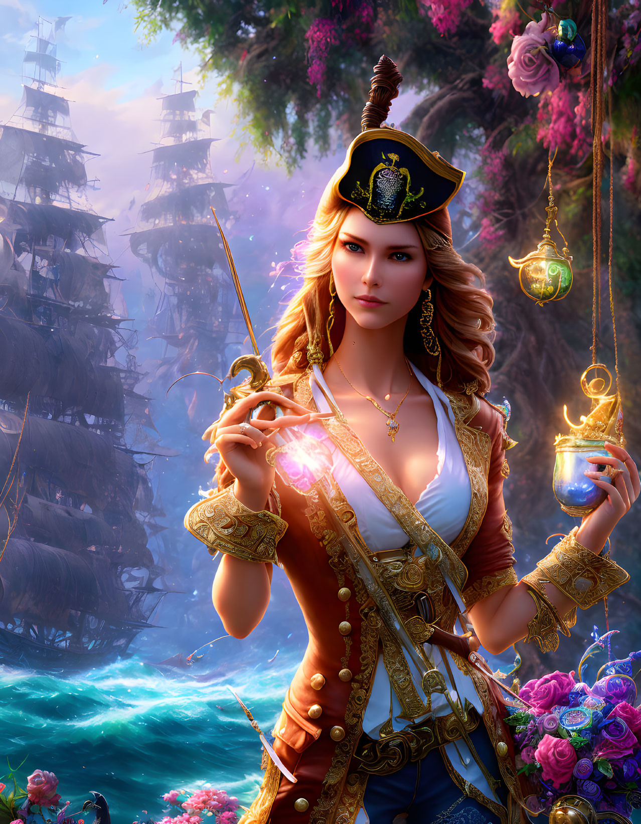 Detailed illustration of fierce female pirate captain with magical orb and sword standing by ship in fantastical cove