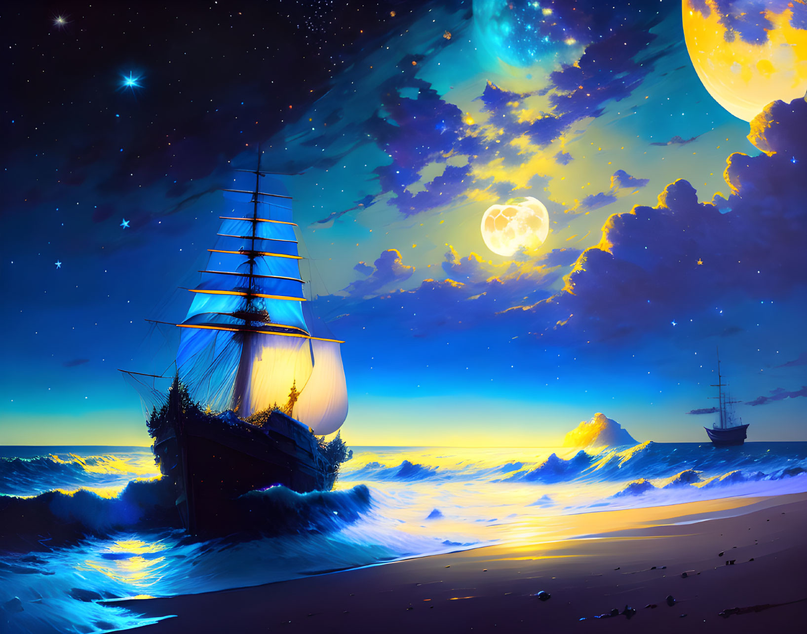 Digital art: Tall ships on luminescent waves under starry sky