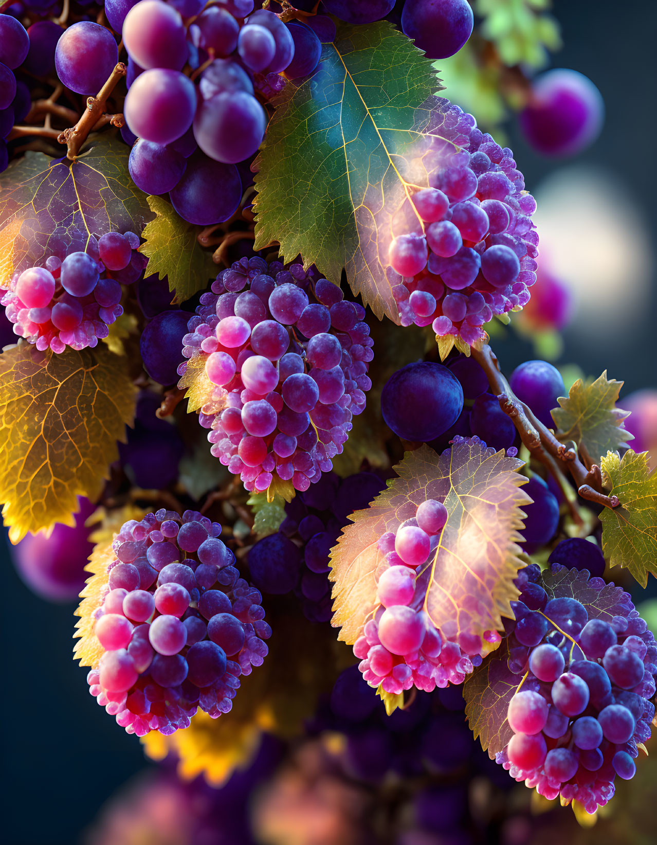 Ripe purple grapes on vine with dew drops and green leaves